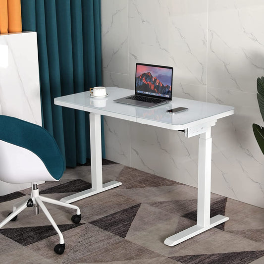 Ergonomic Tempered Glass Electric Standing Desk with Drawer: Height Adjustable Computer Workstation, Touchscreen Controller, Wireless Charging, USB Port, and Power Strip
