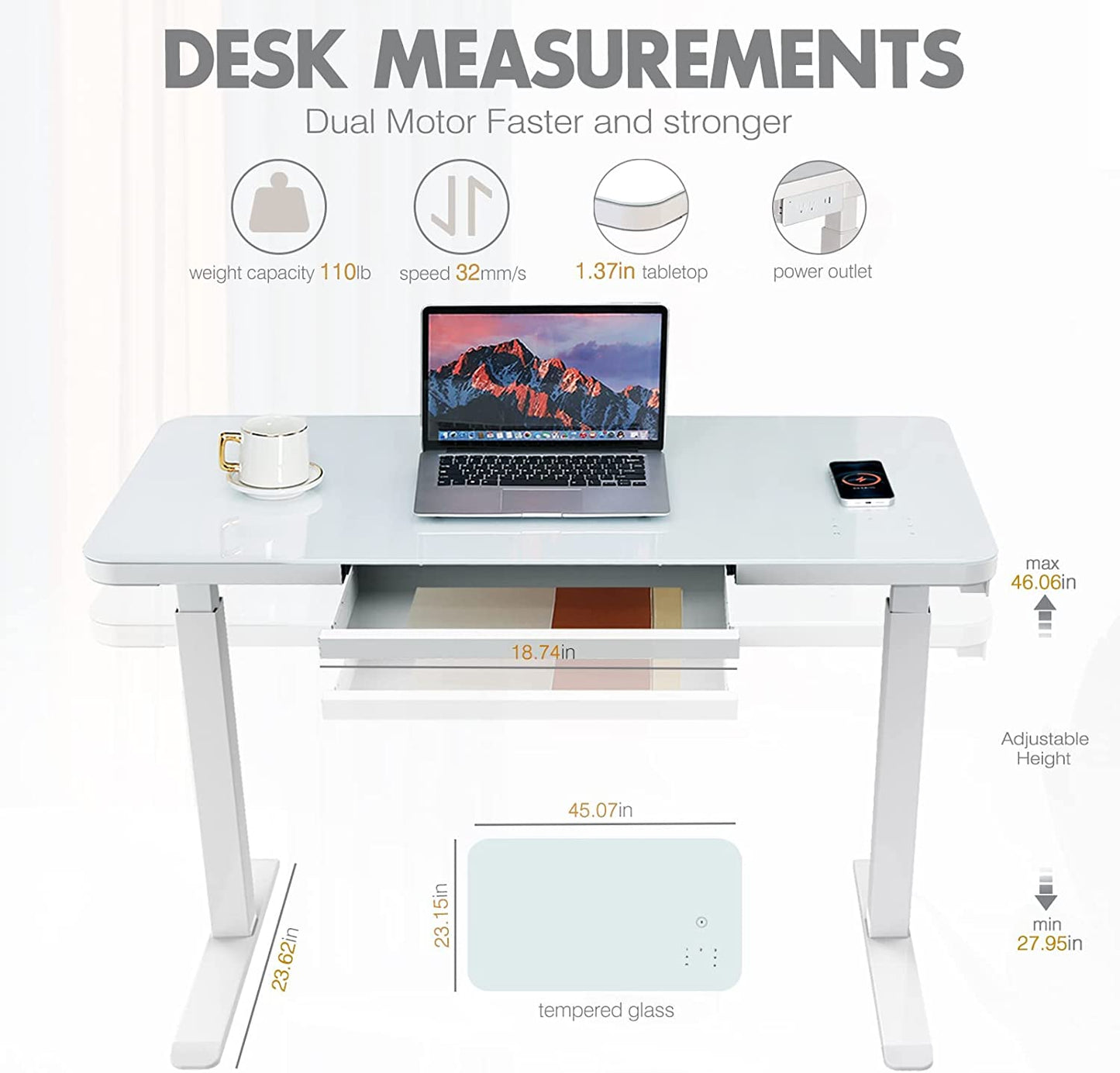 Ergonomic Tempered Glass Electric Standing Desk with Drawer: Height Adjustable Computer Workstation, Touchscreen Controller, Wireless Charging, USB Port, and Power Strip