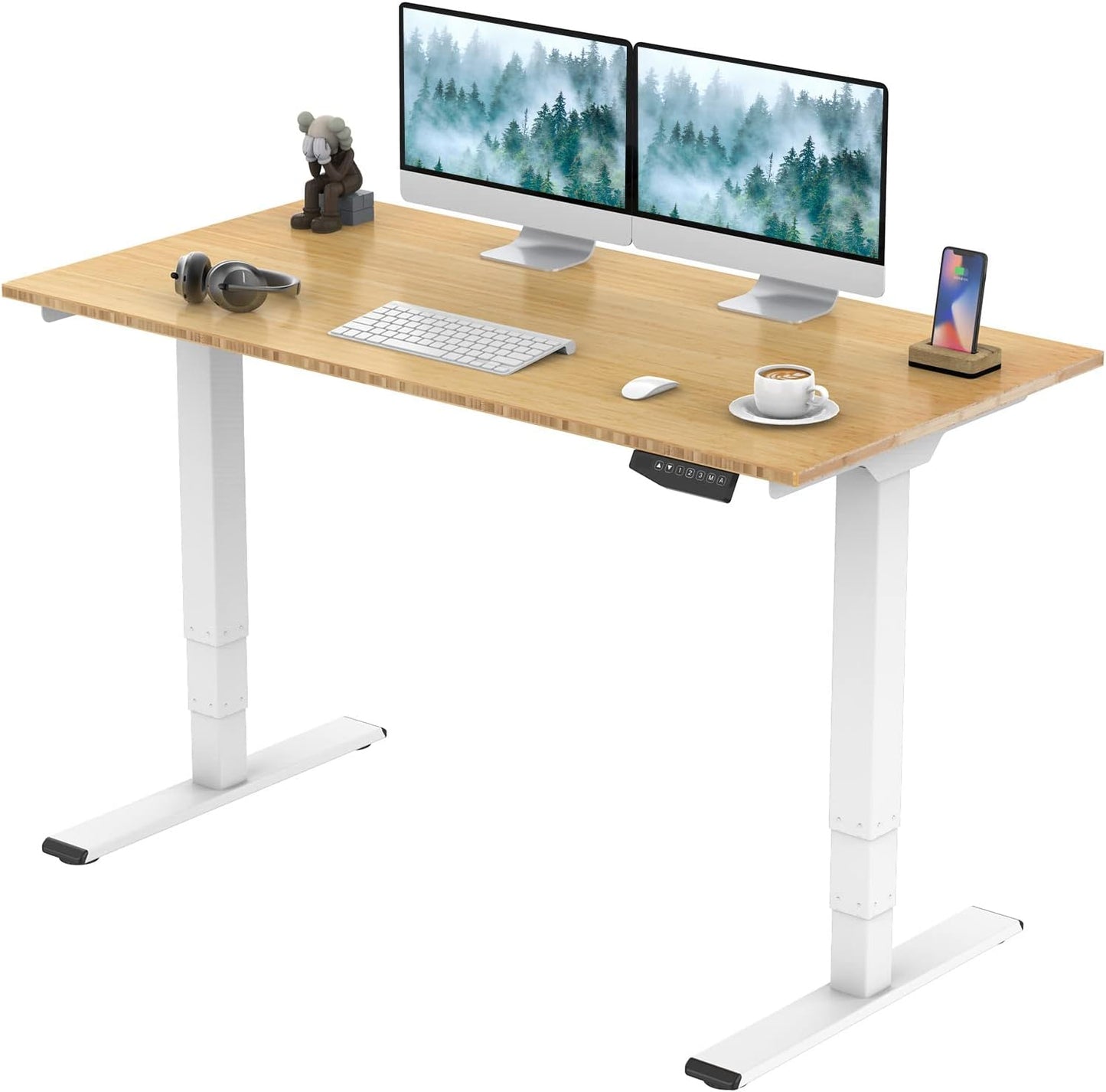 55 Inch Bamboo Electric Standing Desk, Dual Motor Height Adjustable Desk, Stable and Durable 3 Stage Sit to Stand Home Office Desk