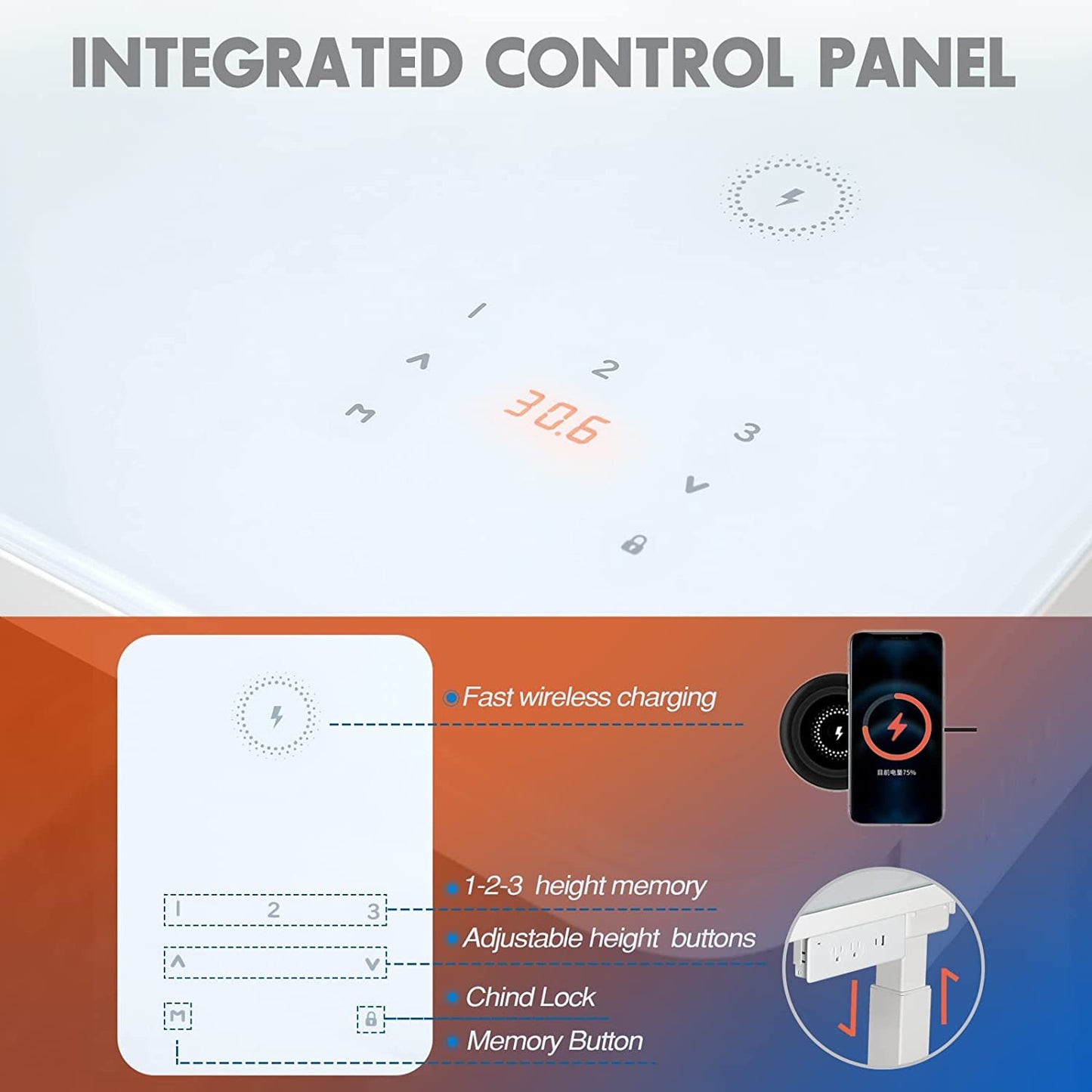 Ergonomic Tempered Glass Electric Standing Desk with Drawer: Height Adjustable Computer Workstation, Touchscreen Controller, Wireless Charging, USB Port, and Power Strip