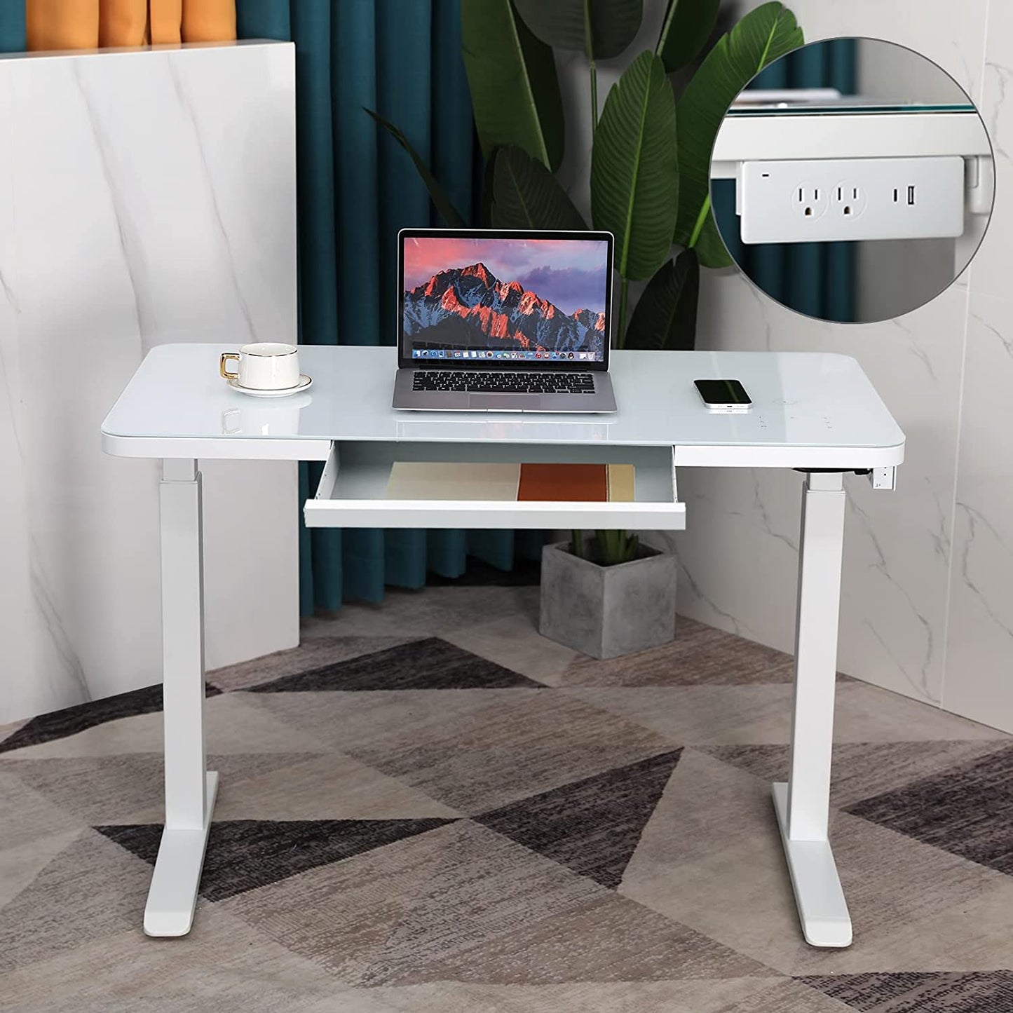 Ergonomic Tempered Glass Electric Standing Desk with Drawer: Height Adjustable Computer Workstation, Touchscreen Controller, Wireless Charging, USB Port, and Power Strip