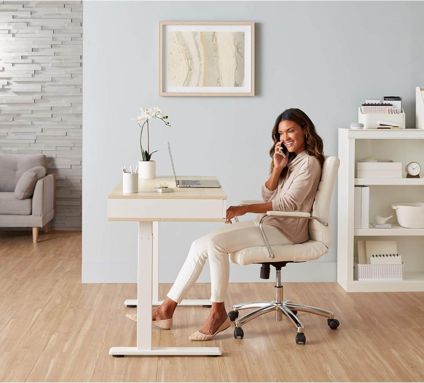 Smart Electric 48" W Height-Adjustable  White/Natural Standing Desk