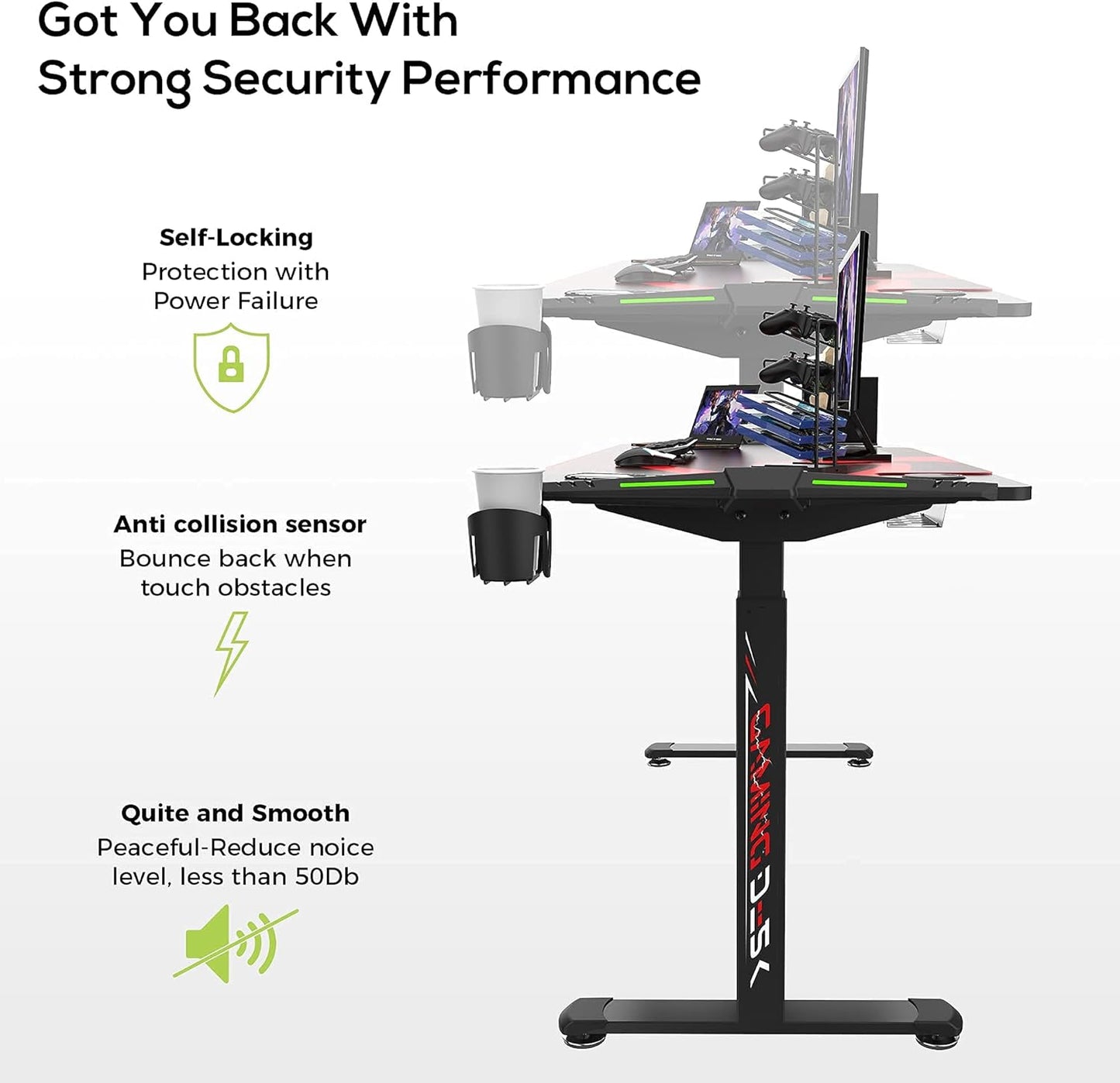 65" Large Electric Height Adjustable Standing Desk with RGB LED Lights Free Large Extended Gaming Mat for Gaming & Home Office