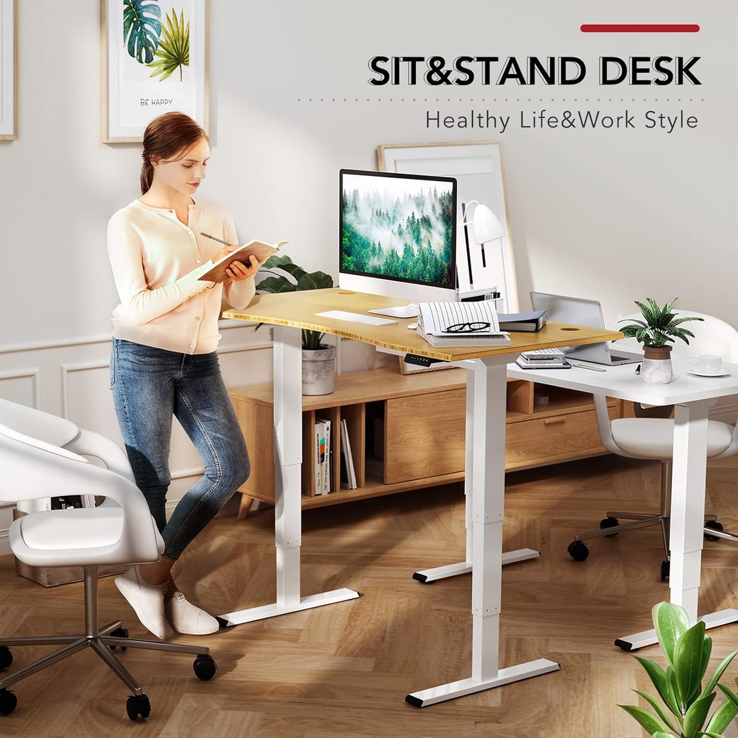 55 Inch Bamboo Electric Standing Desk, Dual Motor Height Adjustable Desk, Stable and Durable 3 Stage Sit to Stand Home Office Desk