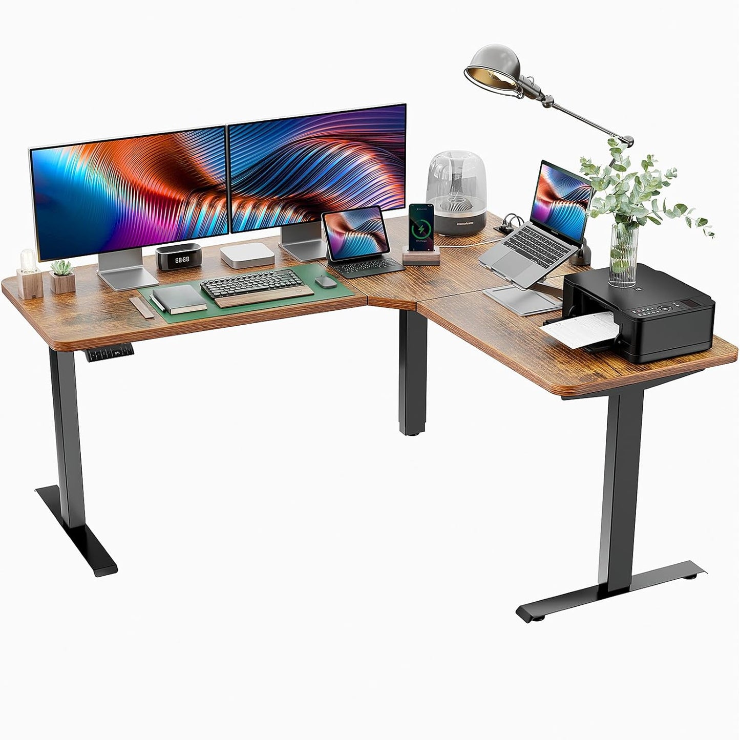 Corner Stand up Desk Adjustable Height with 4-In 1 Electical Outlet - L Shaped Electric Standing Desk with Headphone Hook - Stand up Desk for Home Office Sturdy Writing Workstation Rustic