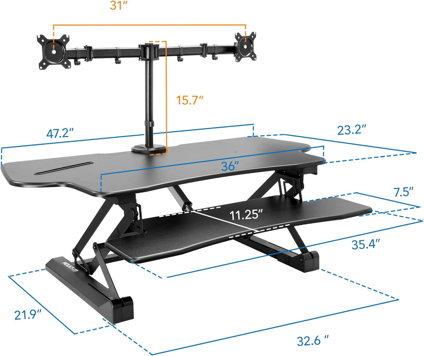 Electric Stand up Desk Converter with Dual Monitor Arm -  Motorized Standing Desk Riser with Monitor Mount for 2 Screens Max 32" - Large 47" Desktop Black Standing Desk with Keyboard Tray and USB