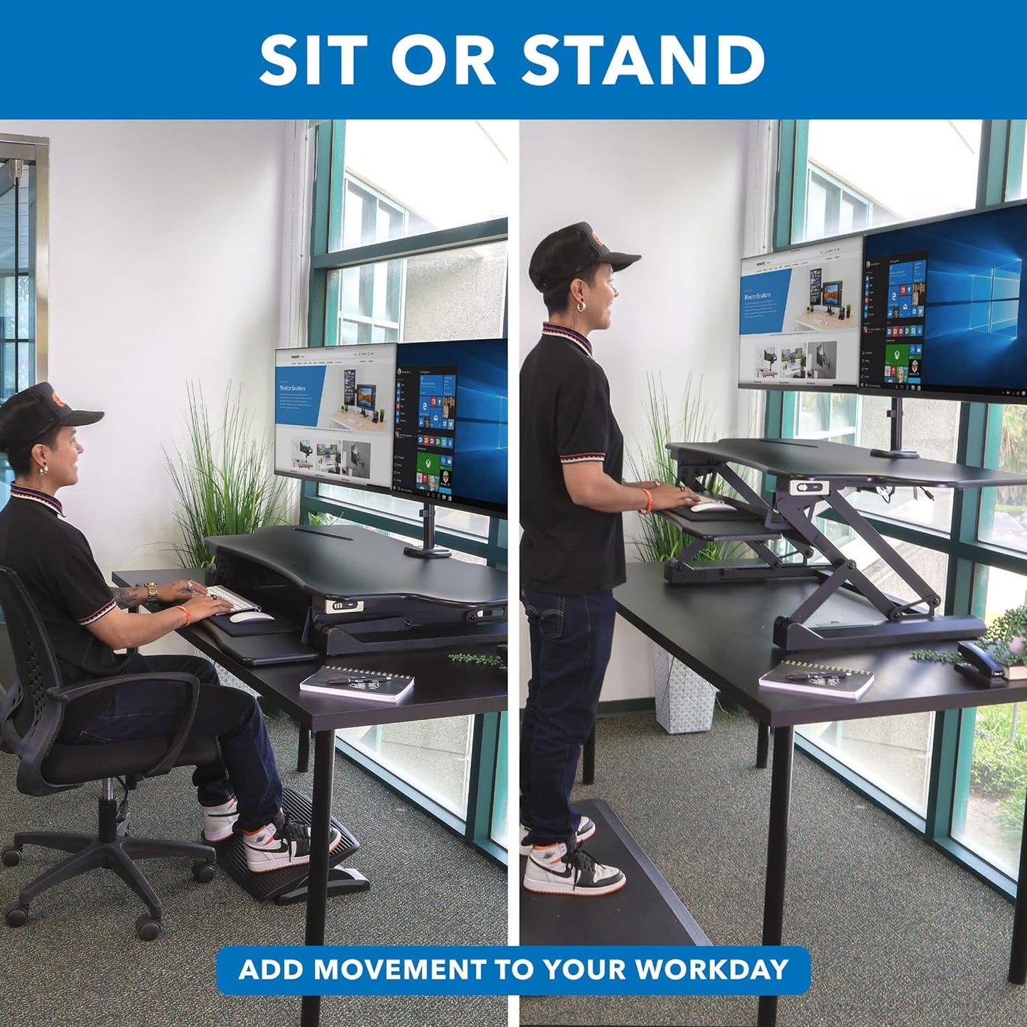 Electric Stand up Desk Converter with Dual Monitor Arm -  Motorized Standing Desk Riser with Monitor Mount for 2 Screens Max 32" - Large 47" Desktop Black Standing Desk with Keyboard Tray and USB