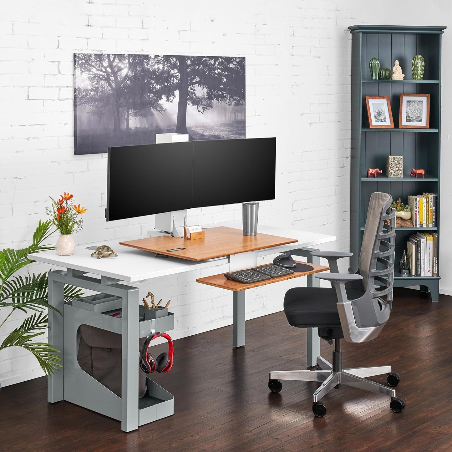 Uplift Desk - E7 Electric Standing Desk Converter - Black Base - Bamboo Worksurface