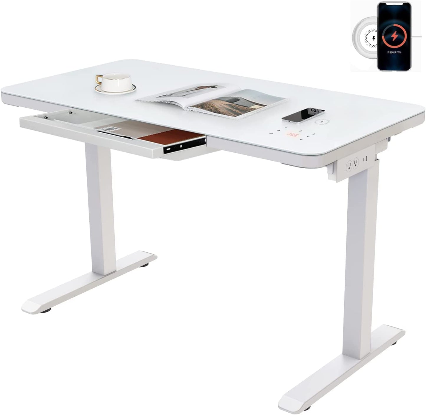 Ergonomic Tempered Glass Electric Standing Desk with Drawer: Height Adjustable Computer Workstation, Touchscreen Controller, Wireless Charging, USB Port, and Power Strip