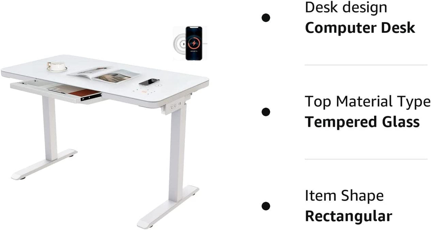 Ergonomic Tempered Glass Electric Standing Desk with Drawer: Height Adjustable Computer Workstation, Touchscreen Controller, Wireless Charging, USB Port, and Power Strip