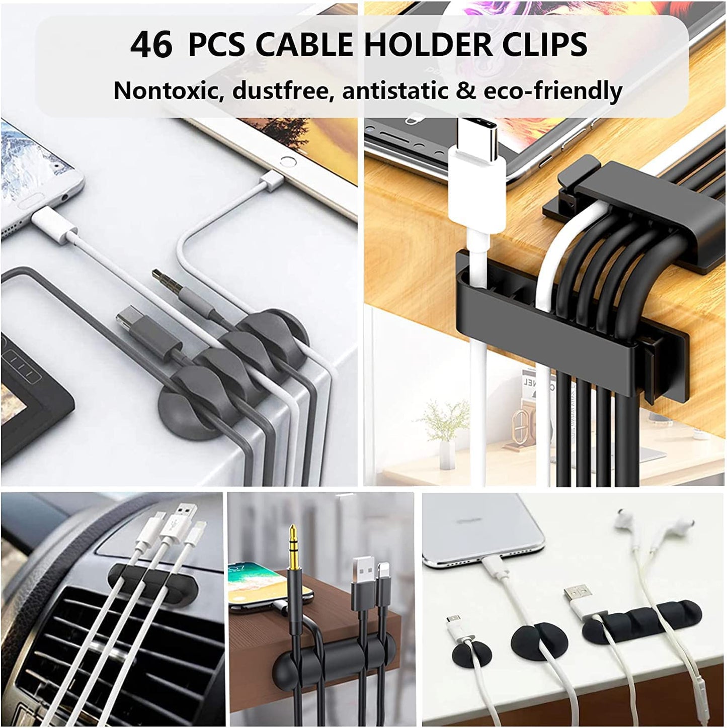 192 PCS Cable Management Kit 4 Wire Organizer Sleeve,11 Cable Holder,35Cord Clips 10+2 Roll Cable Organizer Straps and 100 Fastening Cable Ties for Computer TV under Desk, Black,Clear