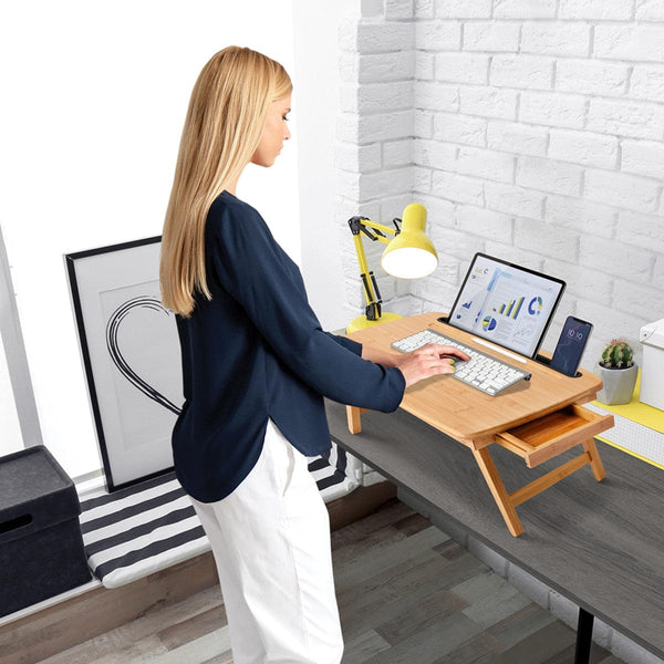 Portable Sit or Stand Desk with Storage Drawer and Media Slot - Natural - standupdeskdepot.com