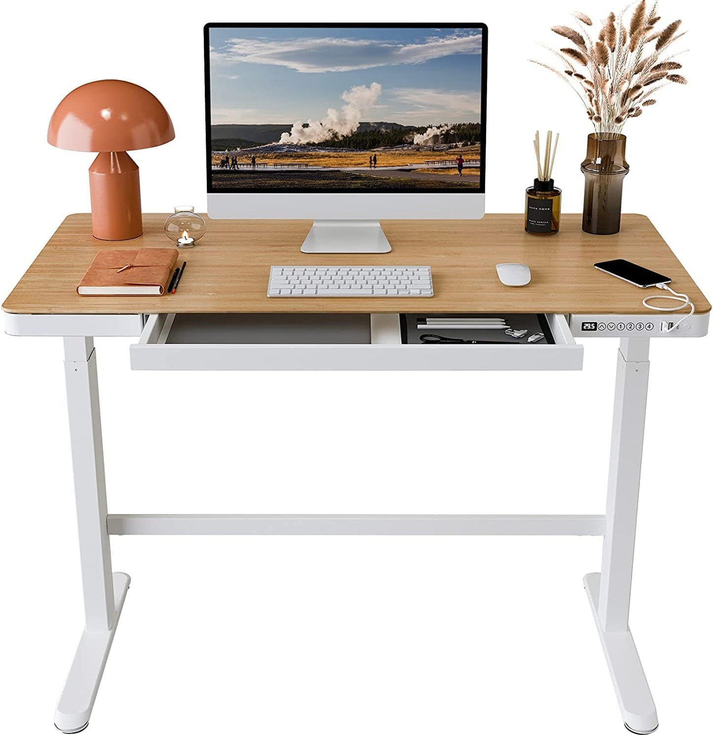 Standing Desk Drawers Electric Sit Stand up Desk Storage 48 X 24 Inches Bamboo Texture Desktop Height Adjustable White Frame New