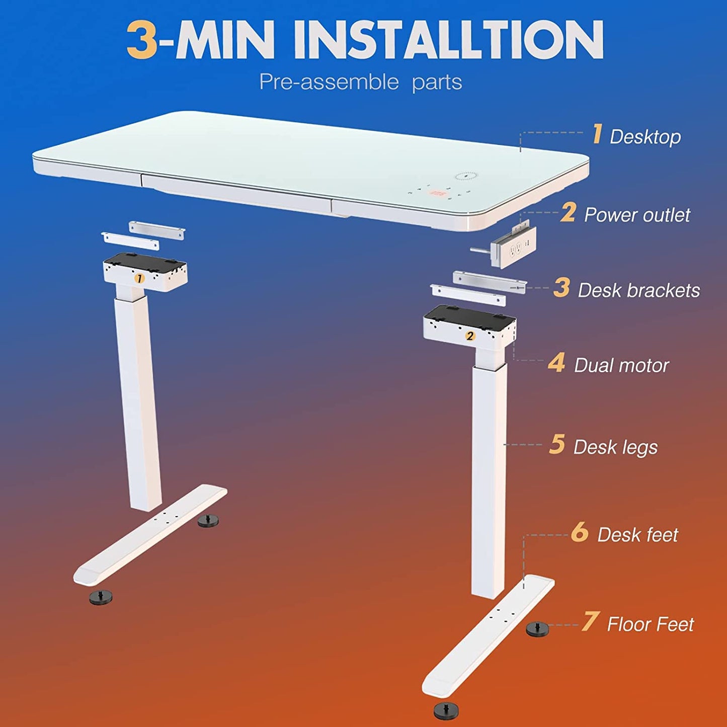 Ergonomic Tempered Glass Electric Standing Desk with Drawer: Height Adjustable Computer Workstation, Touchscreen Controller, Wireless Charging, USB Port, and Power Strip