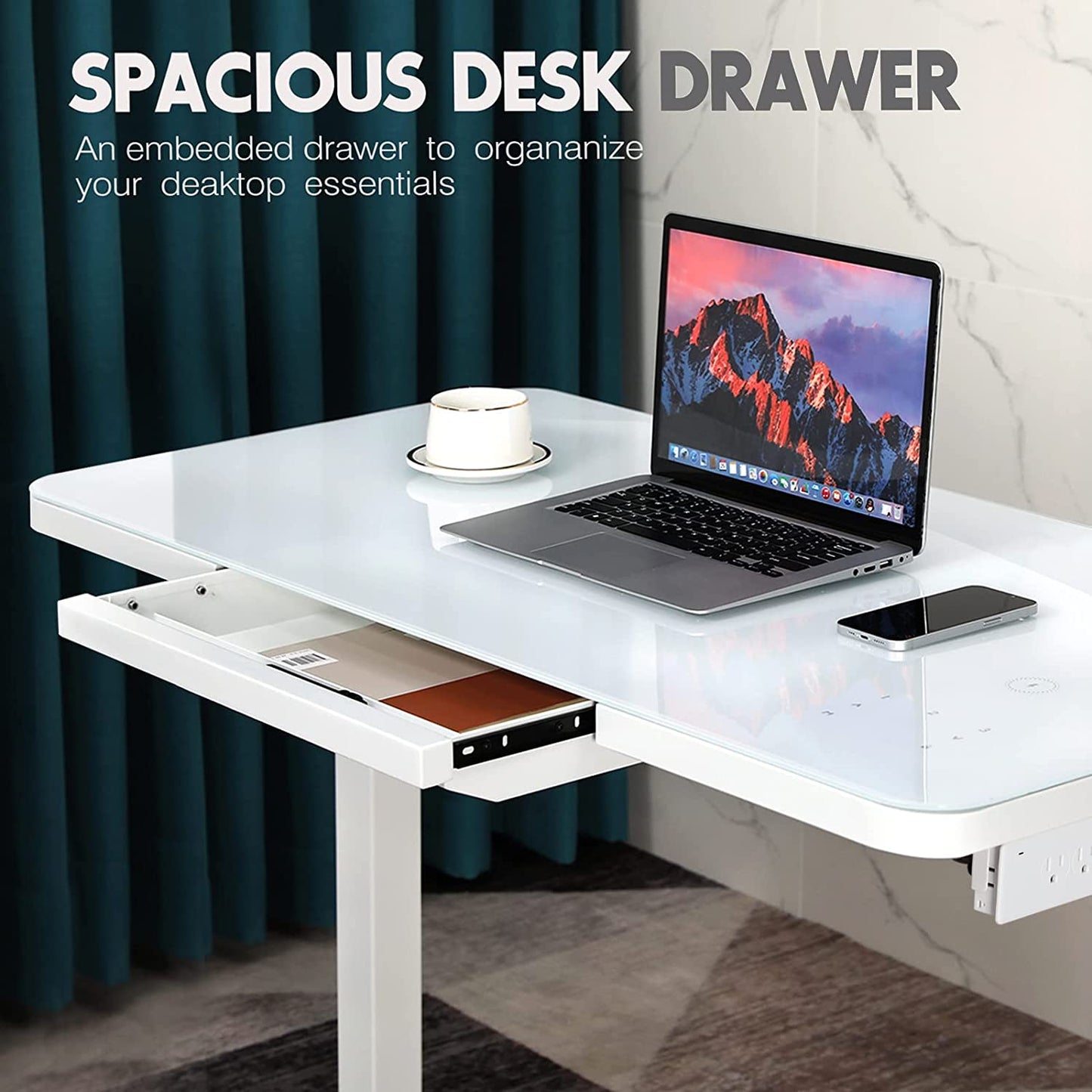 Ergonomic Tempered Glass Electric Standing Desk with Drawer: Height Adjustable Computer Workstation, Touchscreen Controller, Wireless Charging, USB Port, and Power Strip