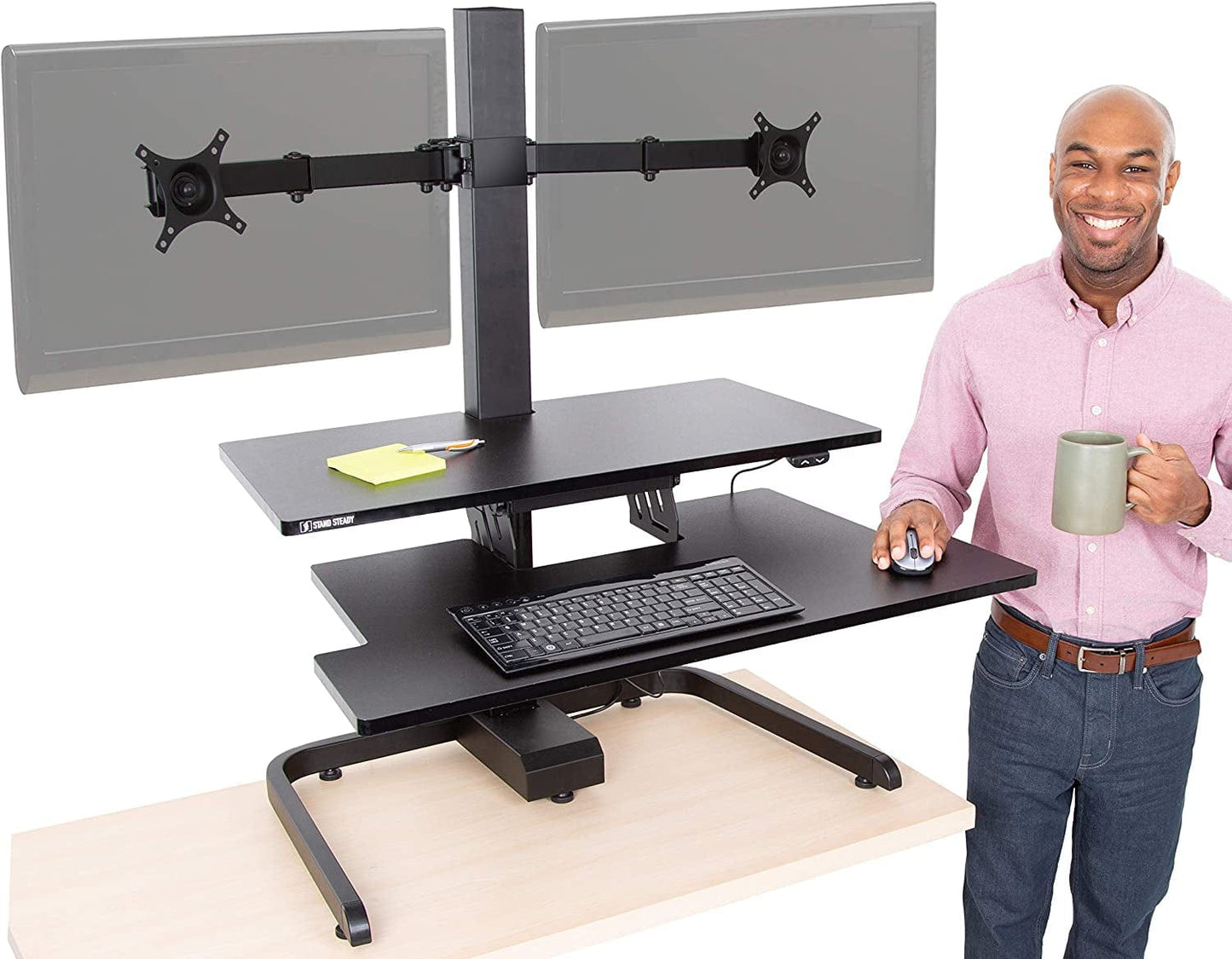 Techtonic | Electric 2 Arm Monitor Mount Standing Desk | Stand up Desk Converter with Keyboard Tray Supports 2 Screens | Easy & Quiet Sit to Stand with the Push of a Button! (Black)