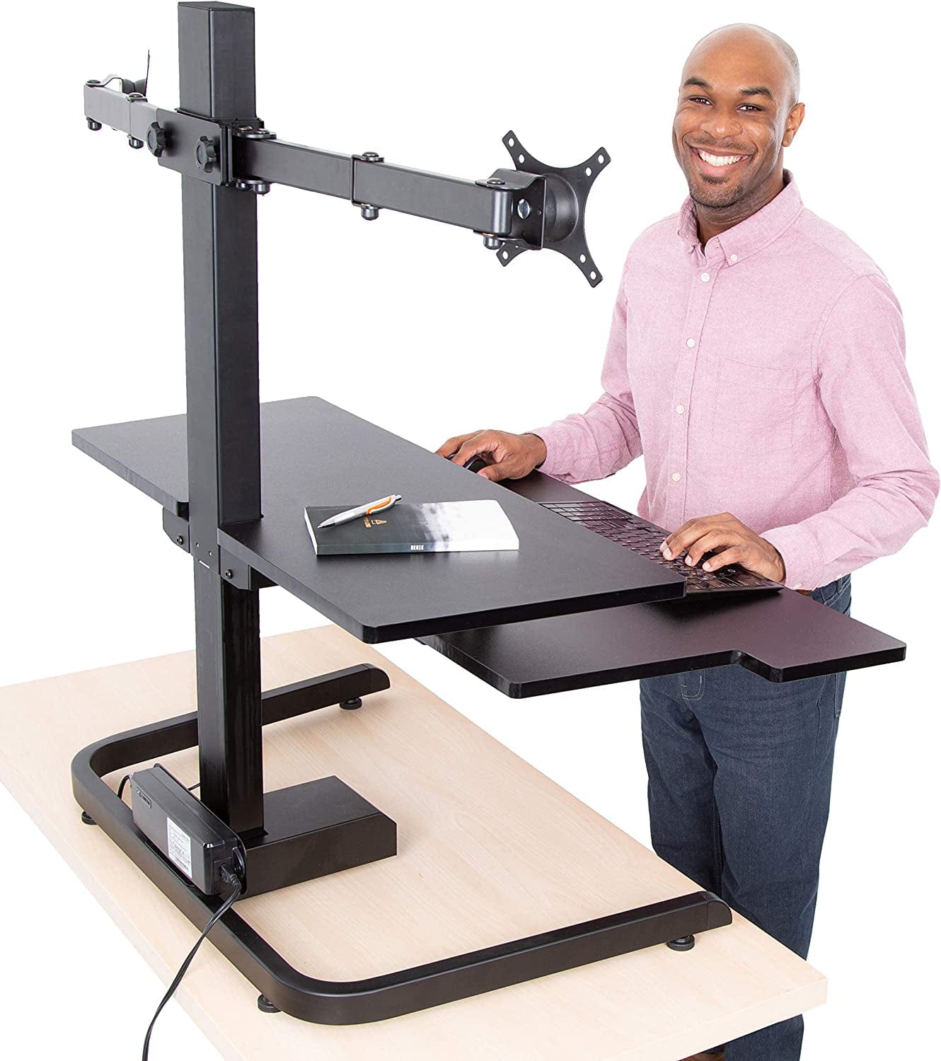 StandUp Desk Depot 2 Monitor Arms Techtonic | Electric 2 Arm Monitor Mount Standing Desk | Stand up Desk Converter with Keyboard Tray Supports 2 Screens | Easy & Quiet Sit to Stand with the Push of a Button! (Black)