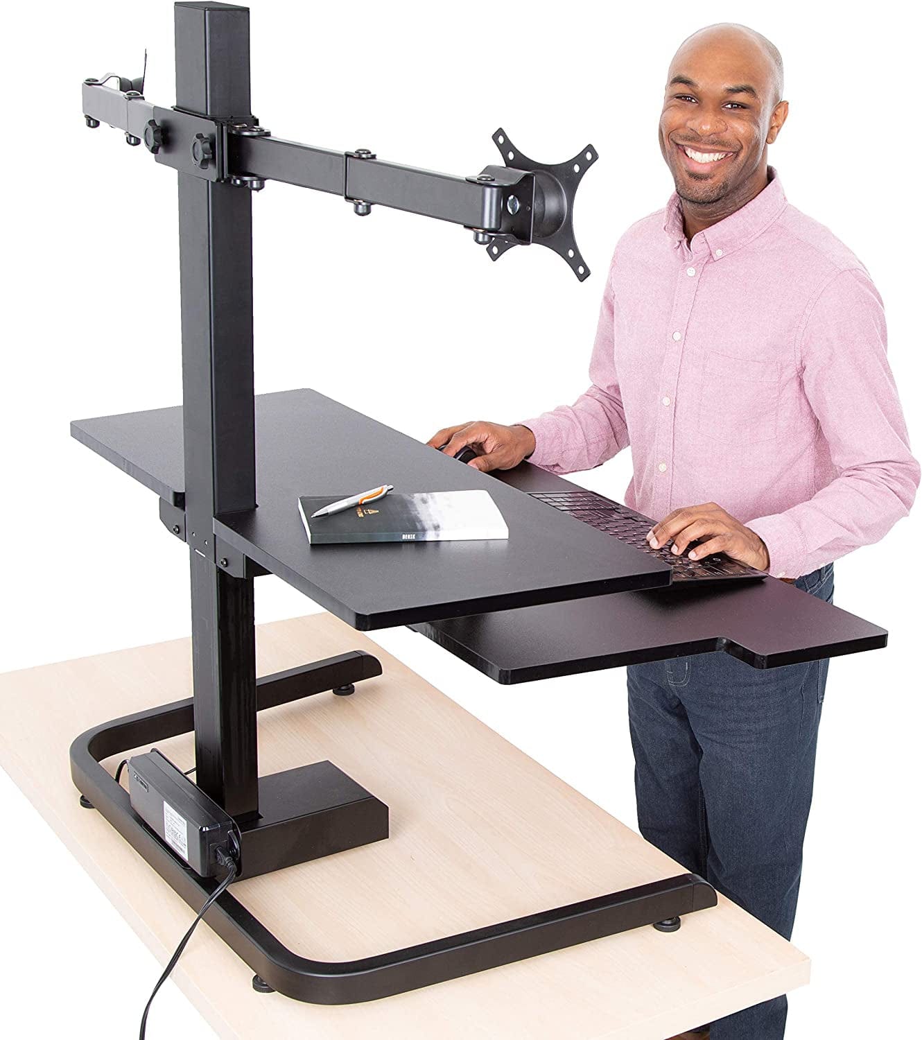 Techtonic | Electric 2 Arm Monitor Mount Standing Desk | Stand up Desk Converter with Keyboard Tray Supports 2 Screens | Easy & Quiet Sit to Stand with the Push of a Button! (Black)