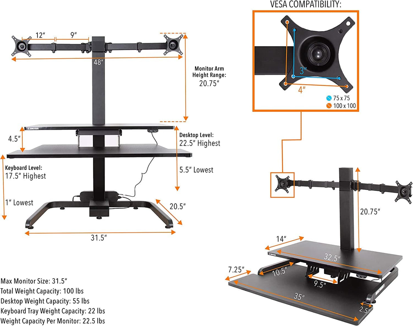 Techtonic | Electric 2 Arm Monitor Mount Standing Desk | Stand up Desk Converter with Keyboard Tray Supports 2 Screens | Easy & Quiet Sit to Stand with the Push of a Button! (Black)