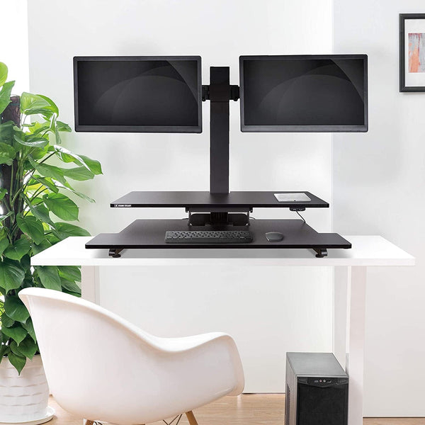 Techtonic | Electric 2 Arm Monitor Mount Standing Desk | Stand up Desk Converter with Keyboard Tray Supports 2 Screens | Easy & Quiet Sit to Stand with the Push of a Button! (Black)