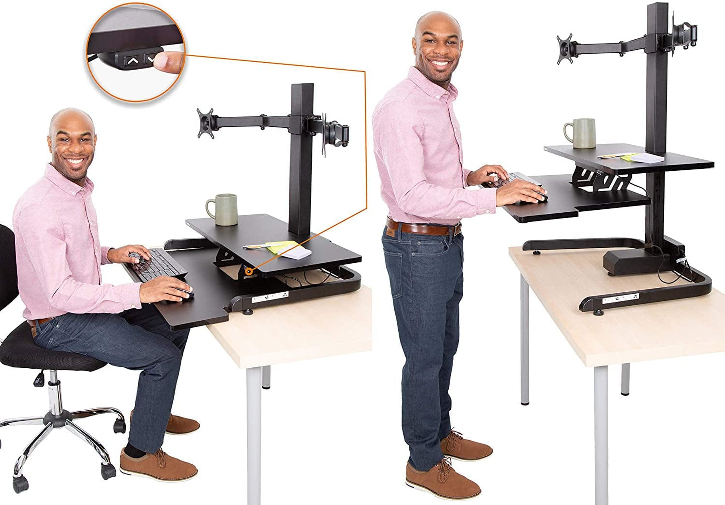 Techtonic | Electric 2 Arm Monitor Mount Standing Desk | Stand up Desk Converter with Keyboard Tray Supports 2 Screens | Easy & Quiet Sit to Stand with the Push of a Button! (Black)