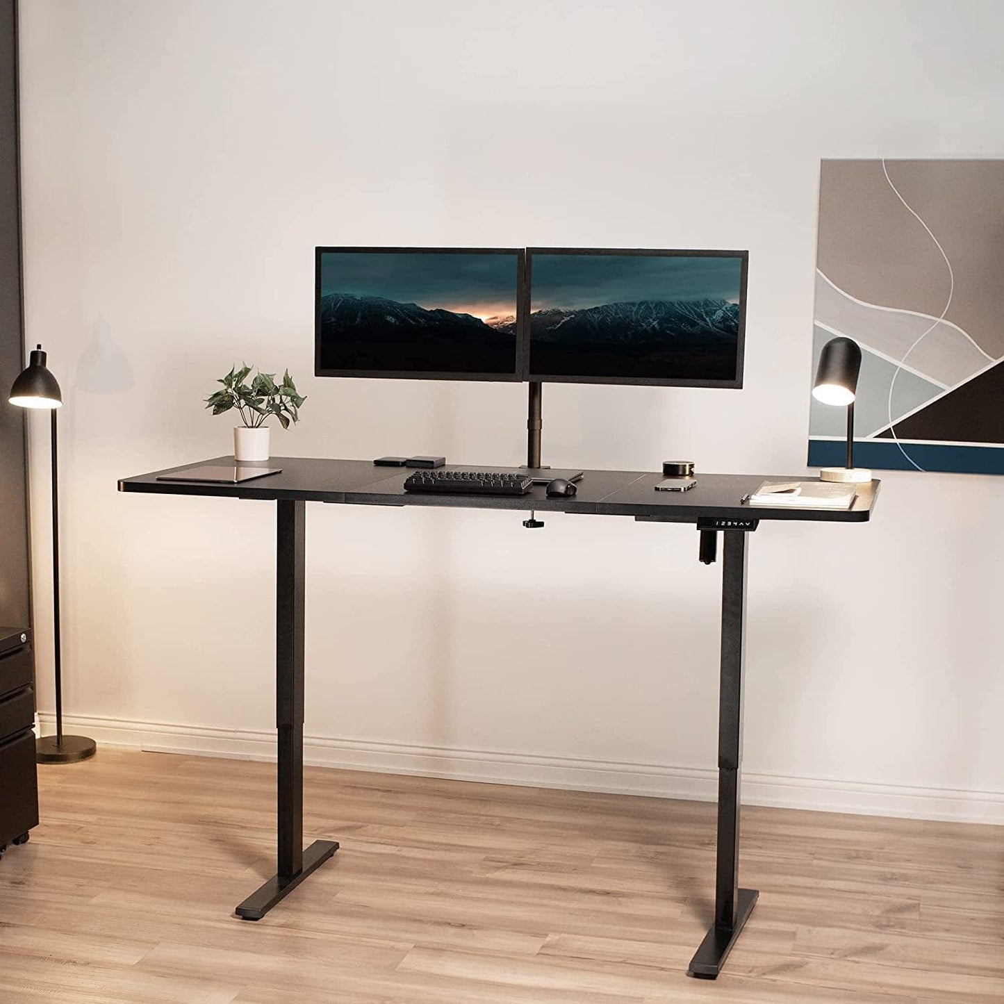 Electric Height Adjustable 71 X 30 Inch Stand up Desk, Complete Active Workstation with 3 Section Black Table Top, Black Frame, Push Button Memory Controller, DESK-KIT-1B7B