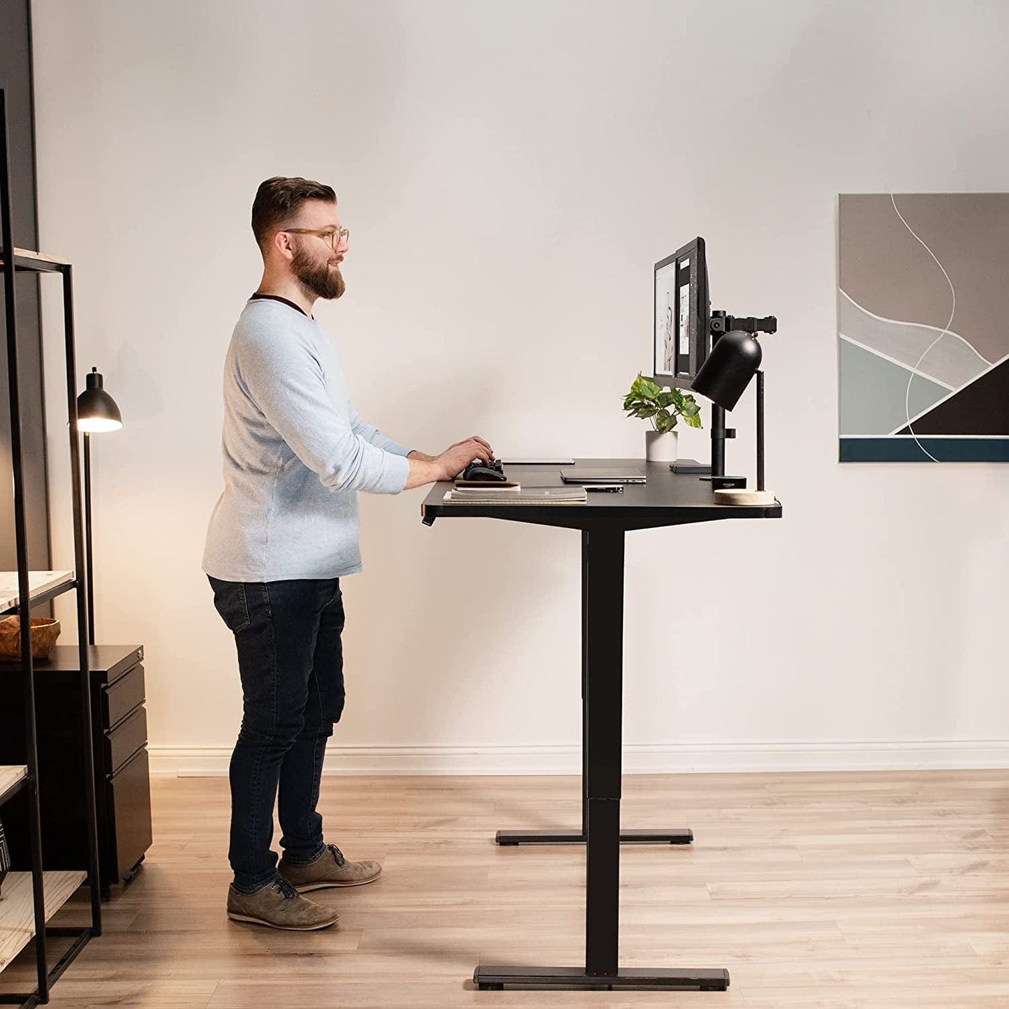 Electric Height Adjustable 71 X 30 Inch Stand up Desk, Complete Active Workstation with 3 Section Black Table Top, Black Frame, Push Button Memory Controller, DESK-KIT-1B7B