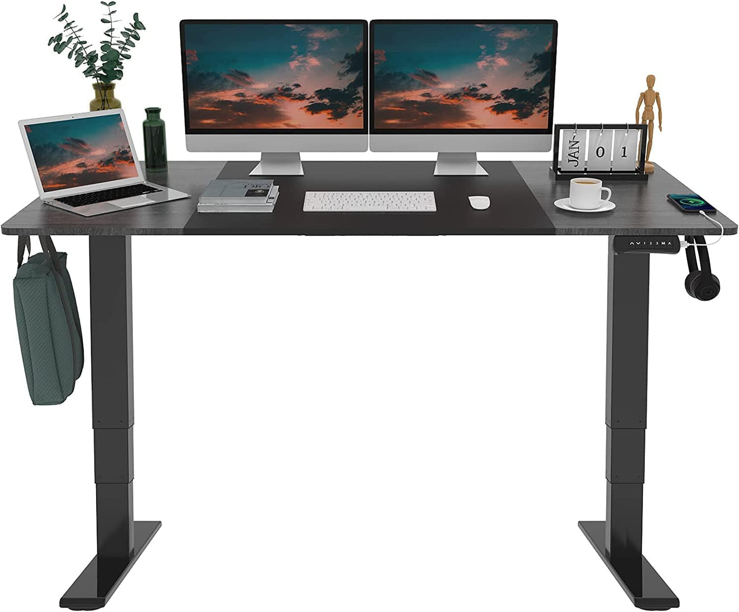 StandUp Desk Depot Black Frame  Black/Greystone Top / 63"X30" Classic Electric Standing Desk 63"X30" Inches Dual Motor 3 Stages Height Adjustable Desk Stand up Desk USB Charging Port and Hooks Sit Stand Desk New