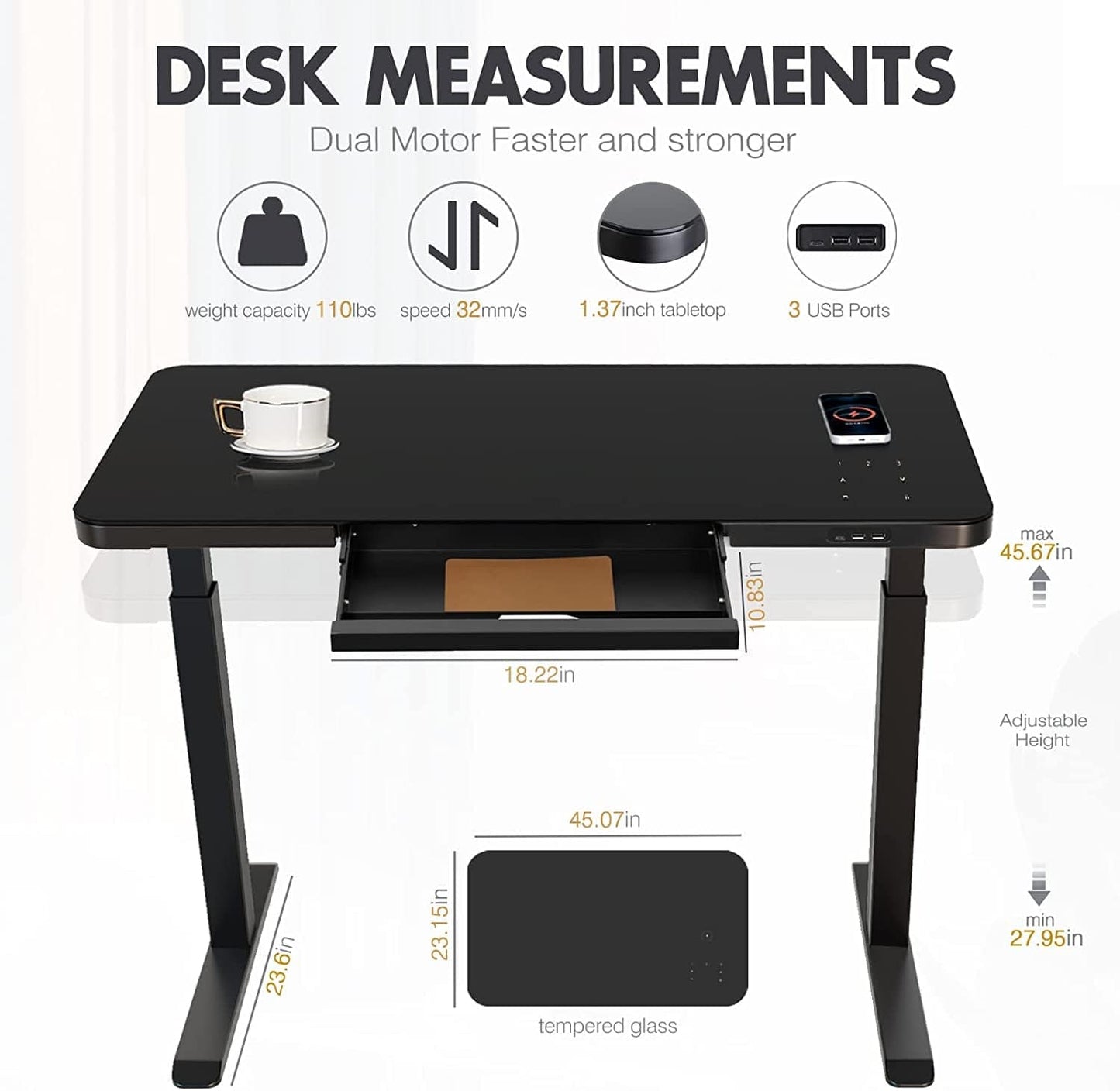 Glass Electric Standing Desk Drawers Charging USB Port 45 X 23 Inch Dual Motor Electric Height Adjustable Desk Sit Stand Desk New