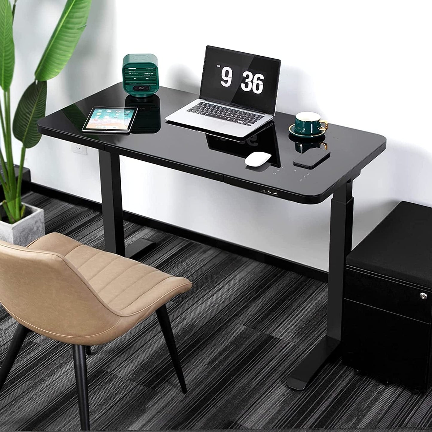 Glass Electric Standing Desk Drawers Charging USB Port 45 X 23 Inch Dual Motor Electric Height Adjustable Desk Sit Stand Desk New