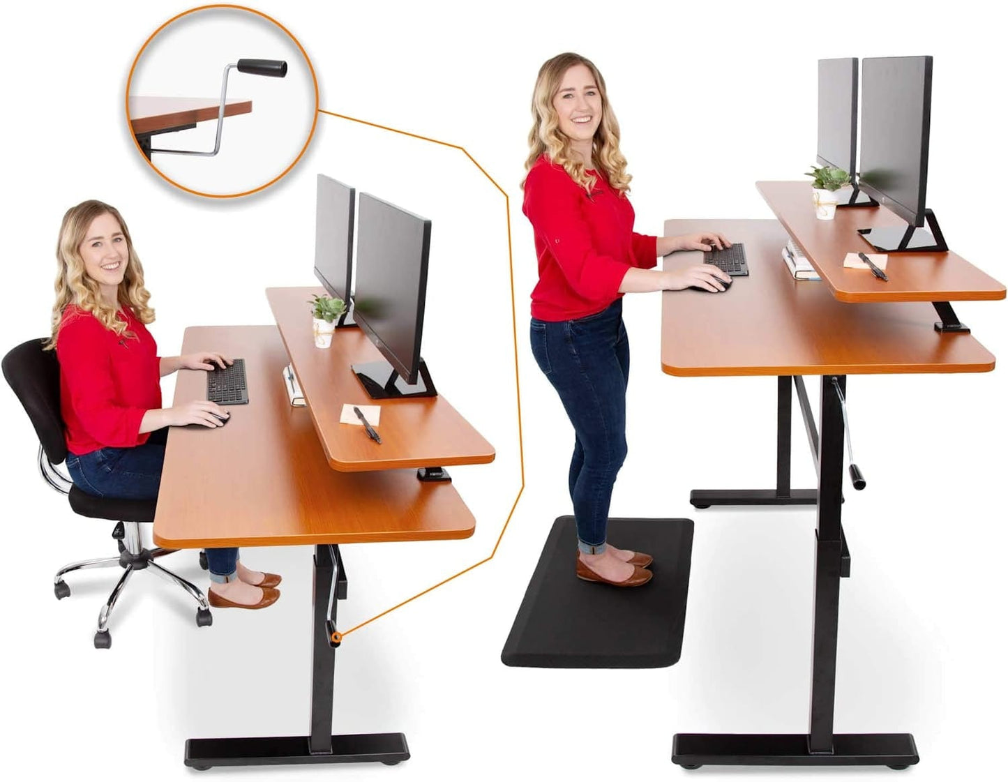Tranzendesk 55 in Standing Desk with Clamp on Shelf | Crank Manual Height Adjustable Stand up Desk with Attachable Monitor Riser | Holds 3 Monitors & Adds Extra Desk Space (55/Cherry)