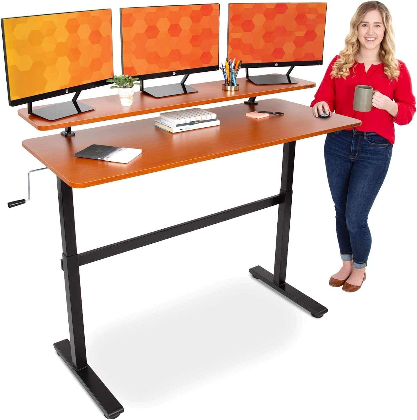 StandUp Desk Depot Cherry + Shelf Tranzendesk 55 in Standing Desk with Clamp on Shelf | Crank Manual Height Adjustable Stand up Desk with Attachable Monitor Riser | Holds 3 Monitors & Adds Extra Desk Space (55/Cherry)