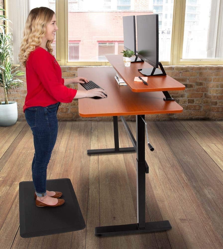 Tranzendesk 55 in Standing Desk with Clamp on Shelf | Crank Manual Height Adjustable Stand up Desk with Attachable Monitor Riser | Holds 3 Monitors & Adds Extra Desk Space (55/Cherry)