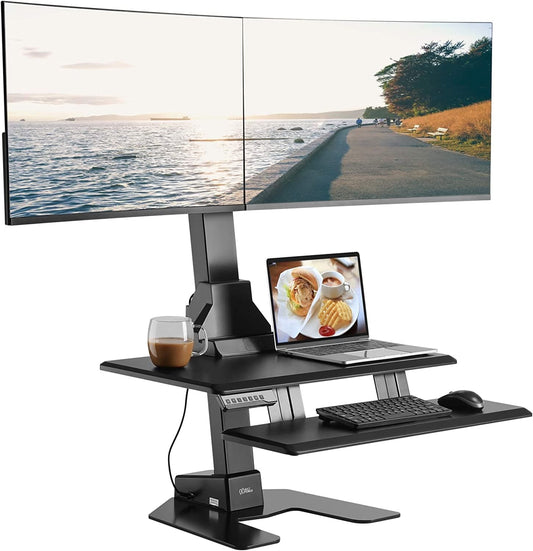 StandUp Desk Depot Dual 32" Monitor Electric Standing Desk Converter with Huge Keyboard Tray Extra Large 28"X 16" Spacious Tabletop Motorized Automatic New