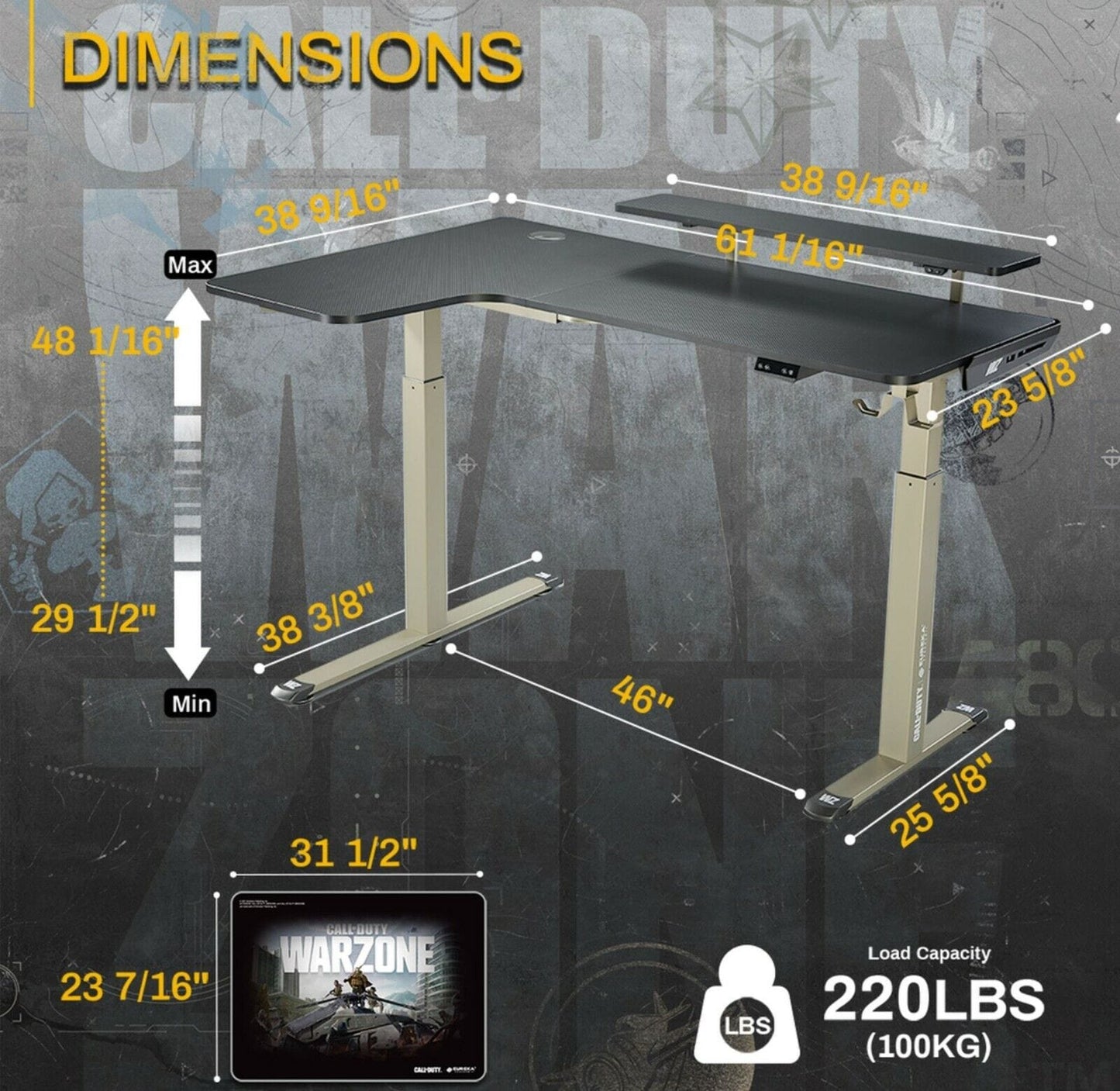 Eureka Ergonomic Call of Duty Gunship RGB Height Adjustable Gaming Office Desk