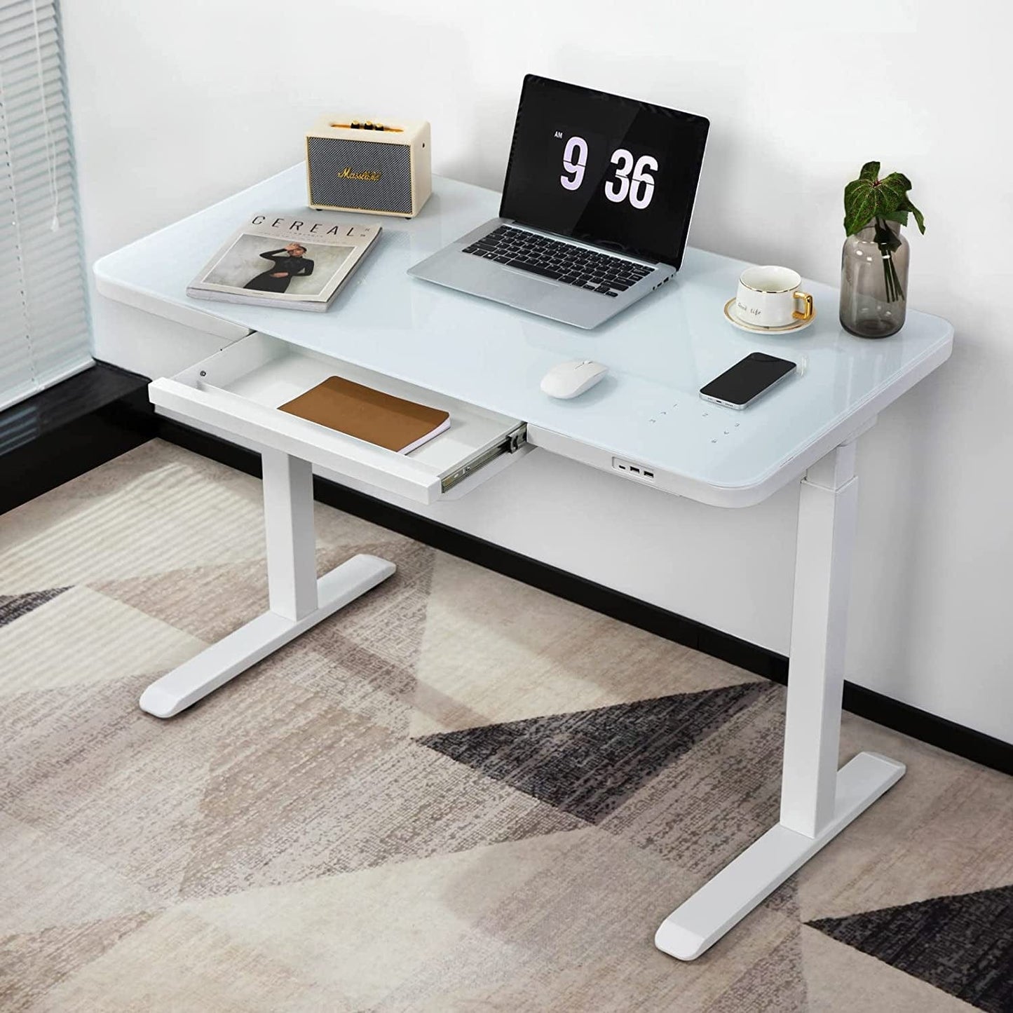 StandUp Desk Depot White / Type2 Glass Electric Standing Desk with Drawers Charging USB Port 45 X 23 Inch Dual Motor Electric Height Adjustable Desk Sit Stand Desk USB Type New