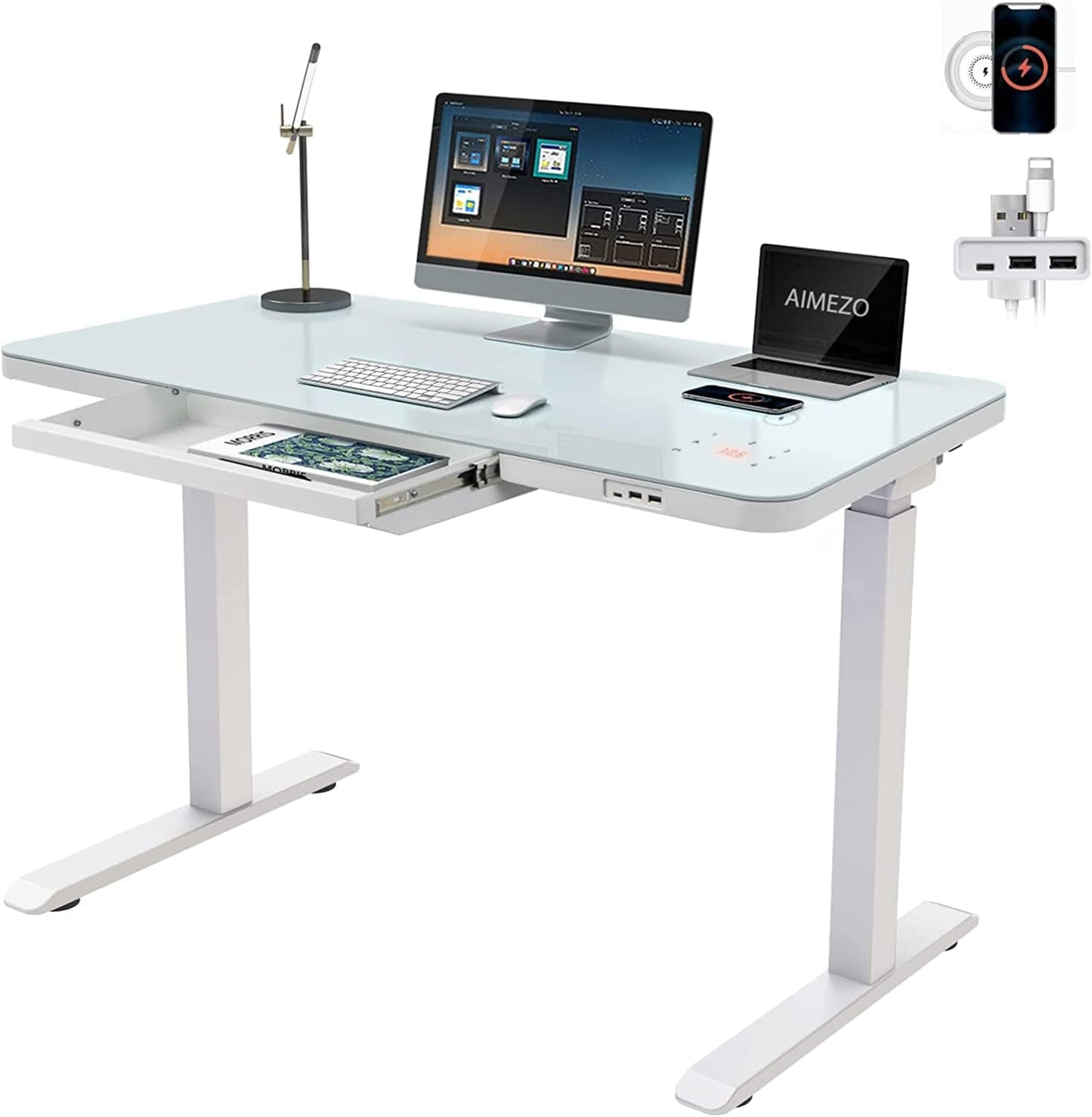 StandUp Desk Depot White / Type2 Glass Electric Standing Desk with Drawers Charging USB Port 45 X 23 Inch Dual Motor Electric Height Adjustable Desk Sit Stand Desk USB Type New
