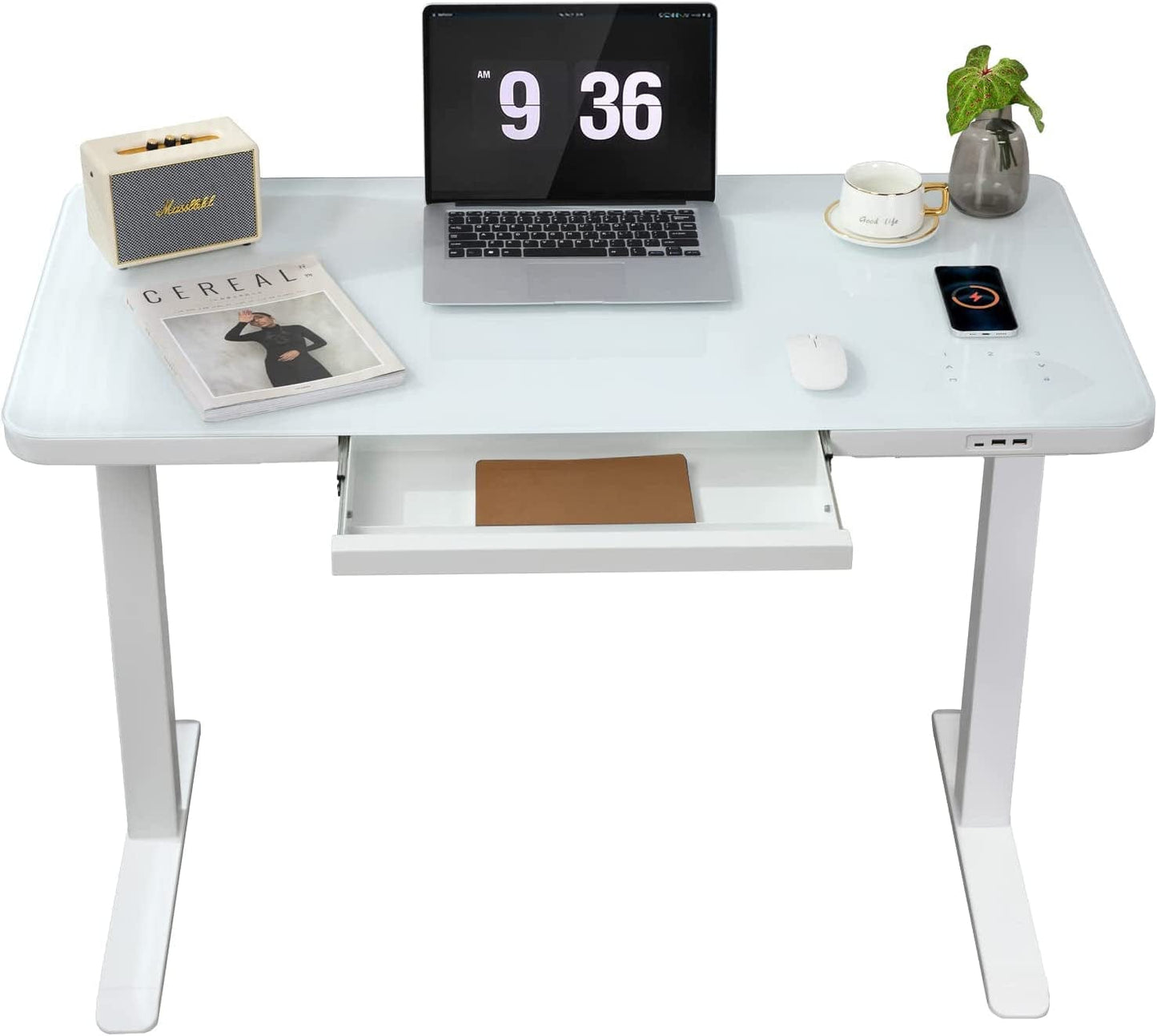 StandUp Desk Depot White / Type2 Glass Electric Standing Desk with Drawers Charging USB Port 45 X 23 Inch Dual Motor Electric Height Adjustable Desk Sit Stand Desk USB Type New