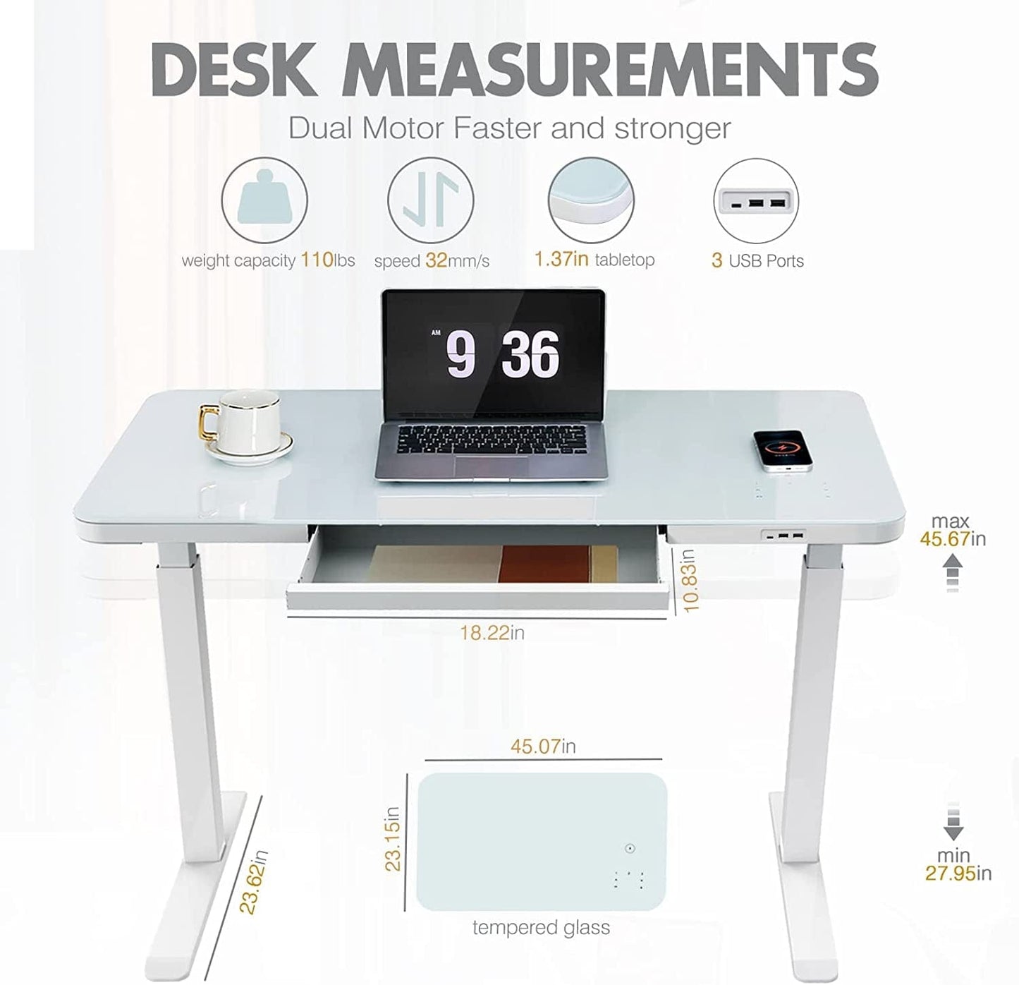 StandUp Desk Depot White / Type2 Glass Electric Standing Desk with Drawers Charging USB Port 45 X 23 Inch Dual Motor Electric Height Adjustable Desk Sit Stand Desk USB Type New